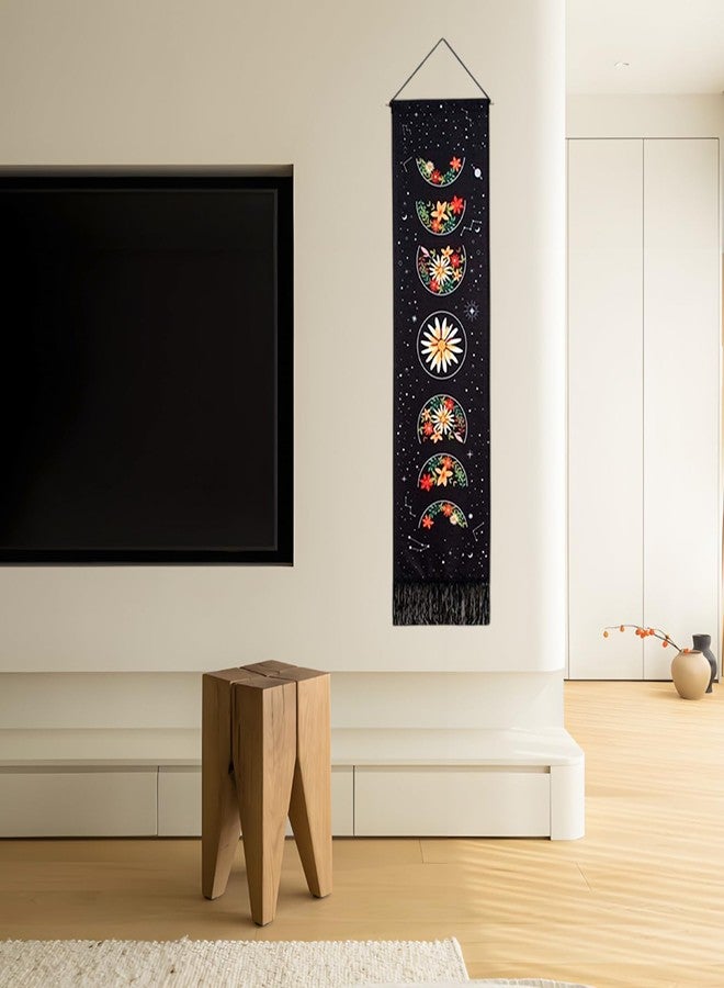 Wuyituart Black Floral Moon Vertical Tapestry Wall Hanging Long Boho Flower Fabric Wall Art Tassel Tapestry for Bedroom Living Room Home Decoration, 58x13 Inch - Image 4